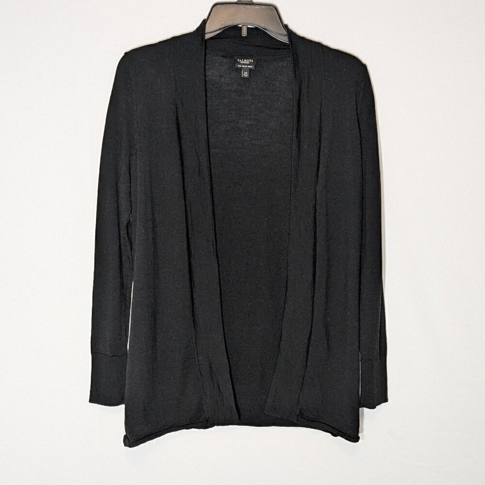 TALBOTS Black Long Sleeve Open, Italian Merino Wool Sweater Cardigan; Size XS
